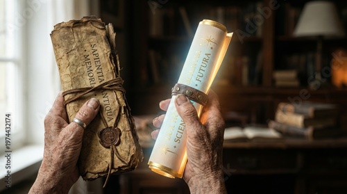 Hands of elderly person holding old parchment scroll and glowing futuristic paper. Comparison between ancient wisdom and modern knowledge. Religious and history study concept.