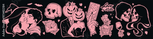 Halloween sticker set in hand drawn style. Dark romantic and gothic aesthetic. Skull with heart shaped eyes, tarot card, pumpkin couple, love potion, witch, wizard, skull couple. Doodle collection. 