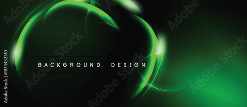 Abstract neon lines form glowing shapes. Dark background emphasizes bright green curves, creating modern design element.
