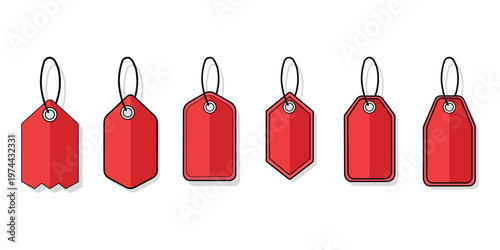 A row of six vibrant red price tags arranged in a simple flat design silhouette