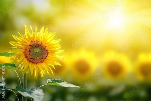 Bright Sunny Close-Up of a Sunflower Blossom Against a Blurry Gold Sunflower Field Background