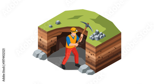 Isometric Miner Working in a Mine Entrance with Pickaxe.