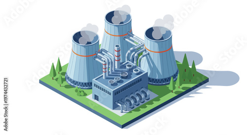 Isometric Nuclear Power Plant with Cooling Towers and Industrial Buildings.