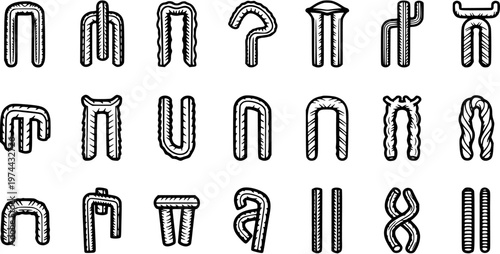 Construction Rebar Bends and Steel Reinforcement Shapes in Black  White Line Art. Building Industry and Engineering Vector Icons Set.