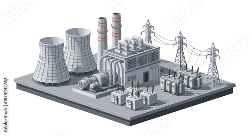 Isometric Nuclear Power Plant with Cooling Towers and Electrical Grid.