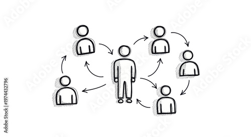 Central figure surrounded by connected individuals in a network diagram.