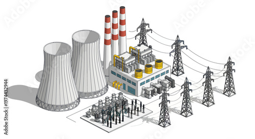 Isometric Nuclear Power Plant with Cooling Towers and Transmission Lines.