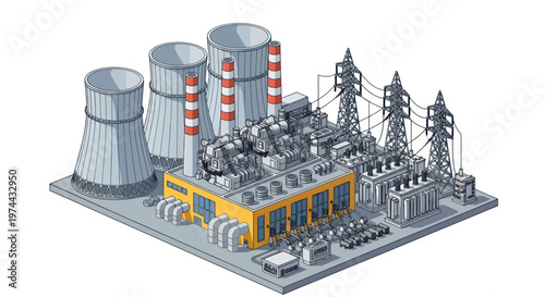 Isometric Nuclear Power Plant with Cooling Towers and Transmission Lines.