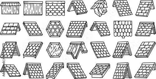 Construction and Architecture Roofs, Tiles, and Shingles Vector Icons Set in Black  White Line Art Style. Building Elements for Home Improvement  Housing Design.