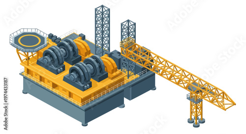 Isometric offshore oil rig platform with crane and helipad.