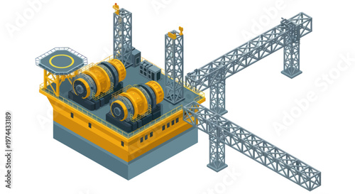 Isometric offshore oil rig platform with helipad and connecting structures.