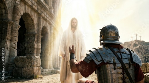 Jesus Christ appearing to a Roman soldier in ancient Rome. Religious encounter with a divine being near the Colosseum. Spiritual faith, biblical history and redemption concept art scene.