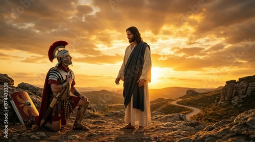 Jesus Christ standing before a kneeling Roman soldier at sunset. Biblical scene of faith and conversion. Historical meeting in a desert landscape. Religious and spiritual inspiration art.