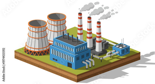 Bild auf Leinwand Isometric Power Plant with Cooling Towers and Smoking Chimneys.