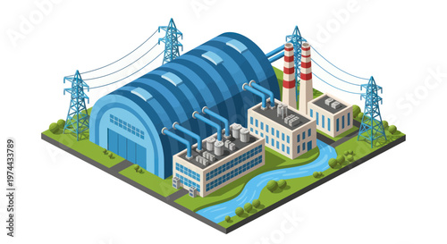 Isometric Power Plant with River and Transmission Lines.