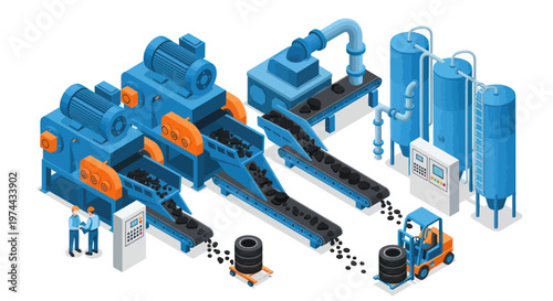 Isometric Tire Recycling Plant with Machinery and Workers.