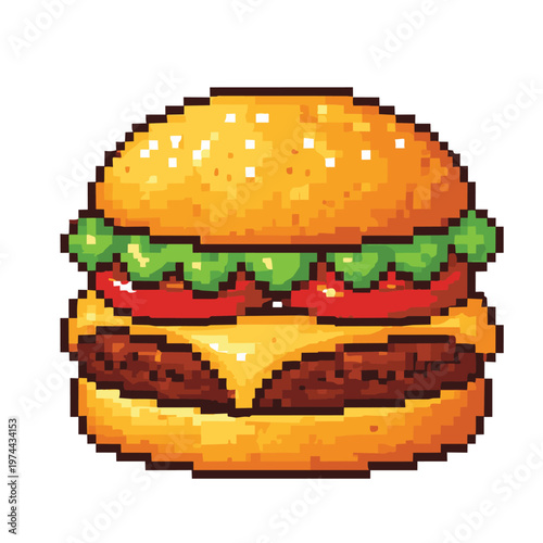 A classic pixel art burger hamburger cheeseburger fast food beef patty with cheese tomato and lettuce