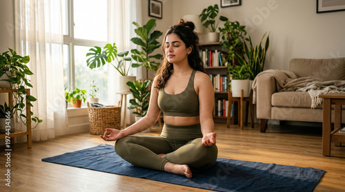 Woman meditating cross-legged on yoga mat, peaceful home setting, natural light, mindfulness and relaxation concept.