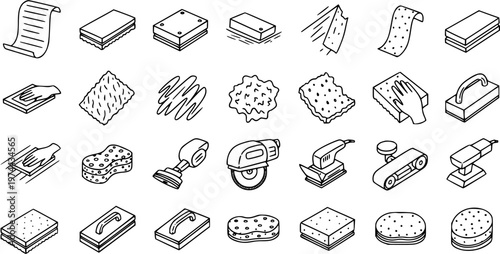 Black and White Line Art Icons of Sanding Tools, Abrasives, and Equipment for Construction, Woodworking, and DIY Projects