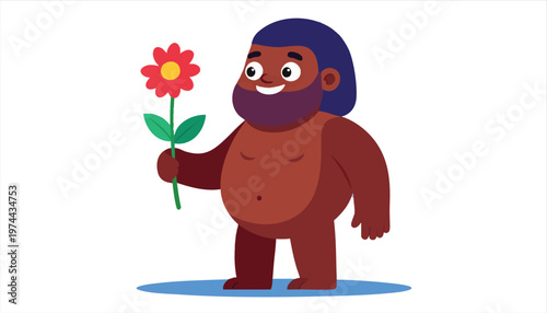 vector Cartoon Caveman Holding a Bright Red Flower with Green Leaves