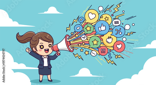 Businesswoman enthusiastically announcing with a megaphone, spreading social media icons and positive engagement