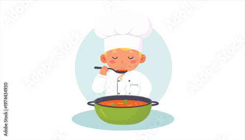 vector Cartoon Chef Tasting Soup from a Pot