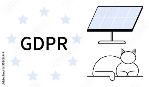 Data privacy, renewable energy, pet care, legal guidelines, sustainability, relaxation. GDPR text with stars, solar panel and a sleeping cat. Data privacy and renewable energy concepts