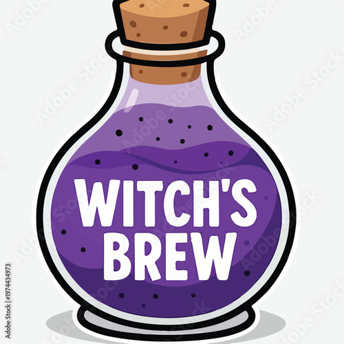 Cartoon illustration depicts a witch's brew potion bottle overflowing with mystical purple liquid perfect for enchanting Halloween designs.