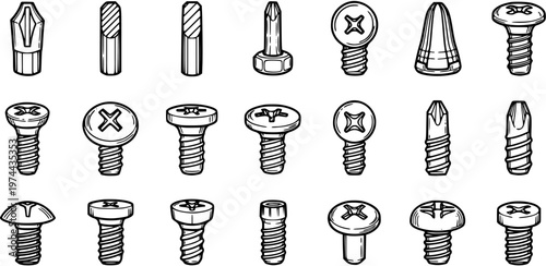 Black and White Line Art of Assorted Screws and Drill Bits, Construction Fasteners Icon Set