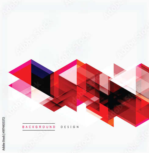 Abstract geometric shapes overlap, creating dynamic red, black, pink composition. Minimalist design suits modern backgrounds.