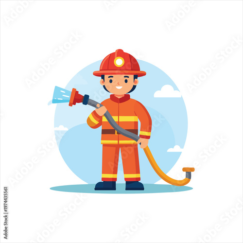 vector Cartoon Firefighter Holding Water Hose Ready to Extinguish Fire