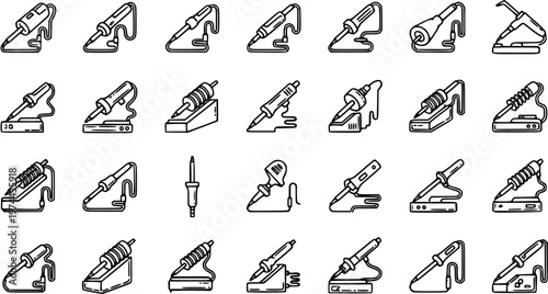 Black and White Line Art Icons of Soldering Irons and Stations, Technology Gadgets
