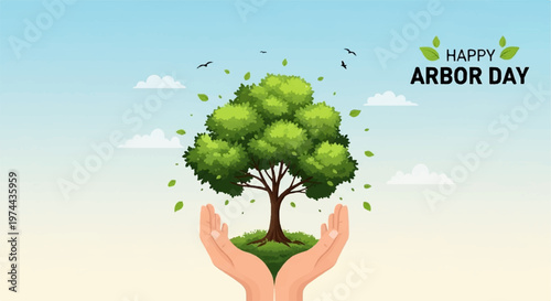 Human hands holding a growing green tree for happy Arbor Day celebration