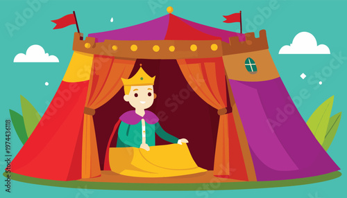 vector Cartoon King Inside A Colorful Royal Tent with Flags