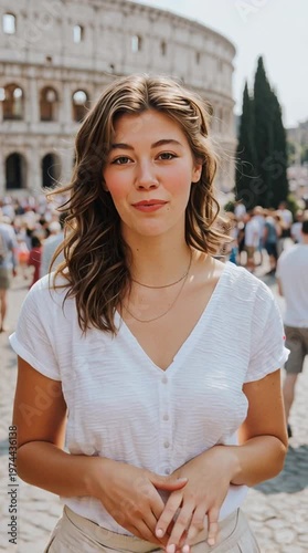 Young female tour guide speaking in front of the Colosseum in Rome, smiling and gesturing, travel and tourism presentation concept
