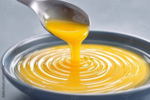 Golden ghee being poured from a spoon into a bowl, showing smooth texture and glossy surface in a close up food concept
