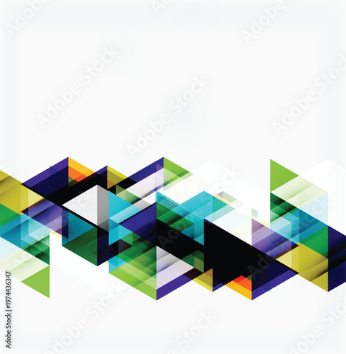 Abstract geometric design. Colorful triangles overlap, creating dynamic visual texture. Modern, clean aesthetic.