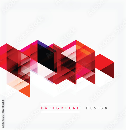 Abstract geometric shapes overlap, creating vibrant color gradients. Modern design utilizes triangles, offering dynamic visual texture.