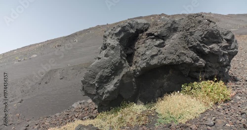 Massive black volcanic rock near dry plants, Etna Volcano, Sicily, Italy, 4k