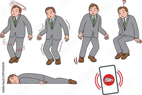 脳などの病気のサイン。痺れ、めまいなど症状があるビジネスマンのイラスト。