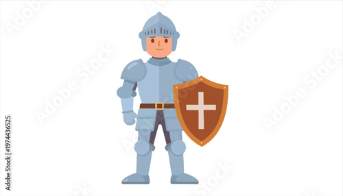 A friendly cartoon knight wearing full plate armor and holding a shield with a cross emblem