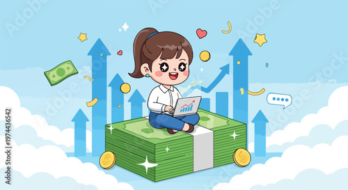 Young woman working on laptop computer sitting on pile of money with upward growth charts and coins