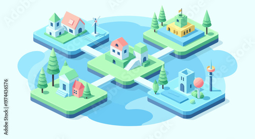 Isometric View of Connected Digital City Blocks with Houses and Trees.