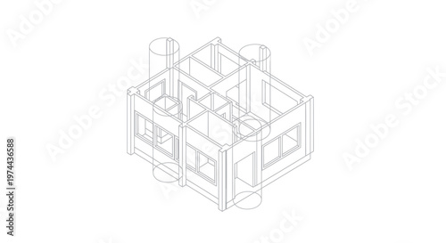 Isometric Wireframe Blueprint of a Building Structure.