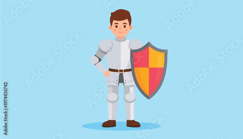 vector A young man dressed as a knight in full armor stands confidently holding a colorful shield
