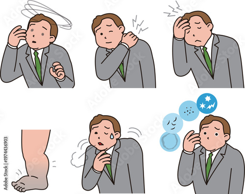 高血圧などからくる病気のサイン。痺れ、めまいなど症状があるビジネスマンのイラスト。