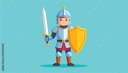 vector Cartoon Knight in Shining Armor Holding Sword and Shield
