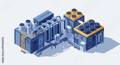 Modern Industrial Factory Complex with Cooling Towers and Machinery.