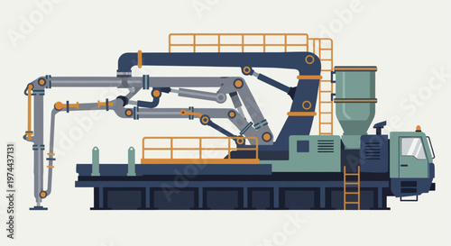 Concrete pump truck with boom extended for construction work.