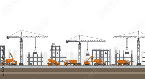 Construction site with cranes and heavy machinery working on building structures.